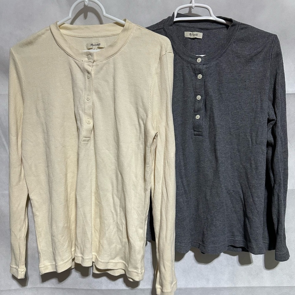 Madewell *LOT Of 2 Thermal Waffle Knit Henley Gray & Cream Medium Flared Sleeve